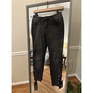 Kensie Jeans Black Washed Denim Cropped Jeans with Velvet Lace Hem Sz 2/26